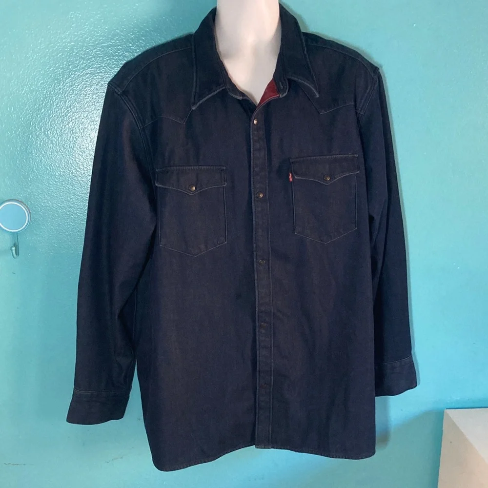 Levis Mens Size XXL Dark Blue Denim Cotton Lined Jacket Snap Front Relaxed Fit